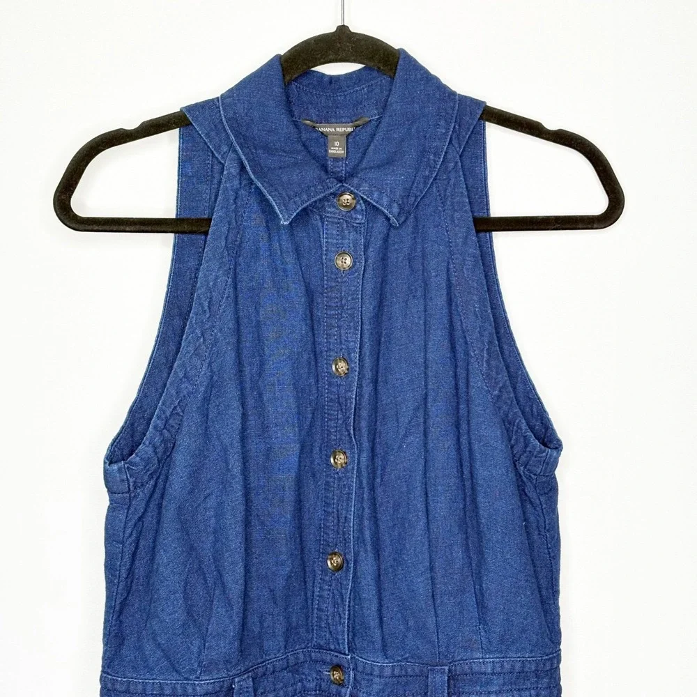 Banana Republic Blue Linen Cotton Halter Button Front Romper Size 10 Preppy